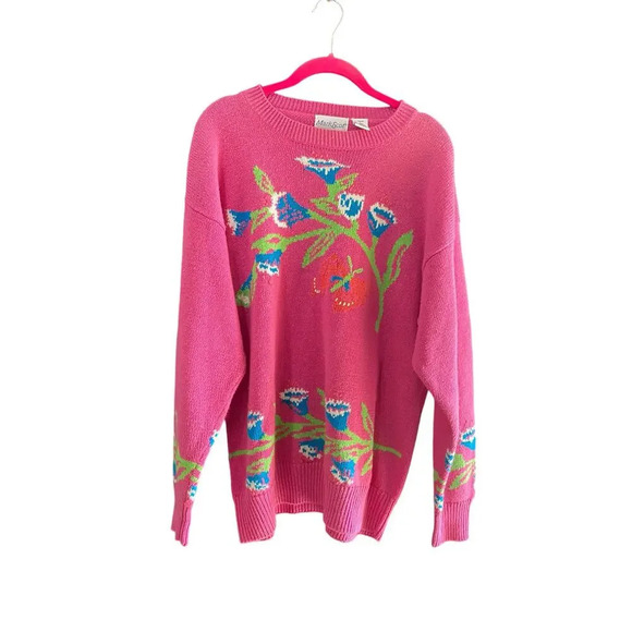 Mark Scot Pink Floral Butterfly Pattern Ribbed Knit Pullover Sweater Size Large - Picture 1 of 5